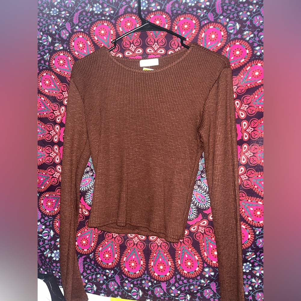 Brown Ribbed Knit Women's Top